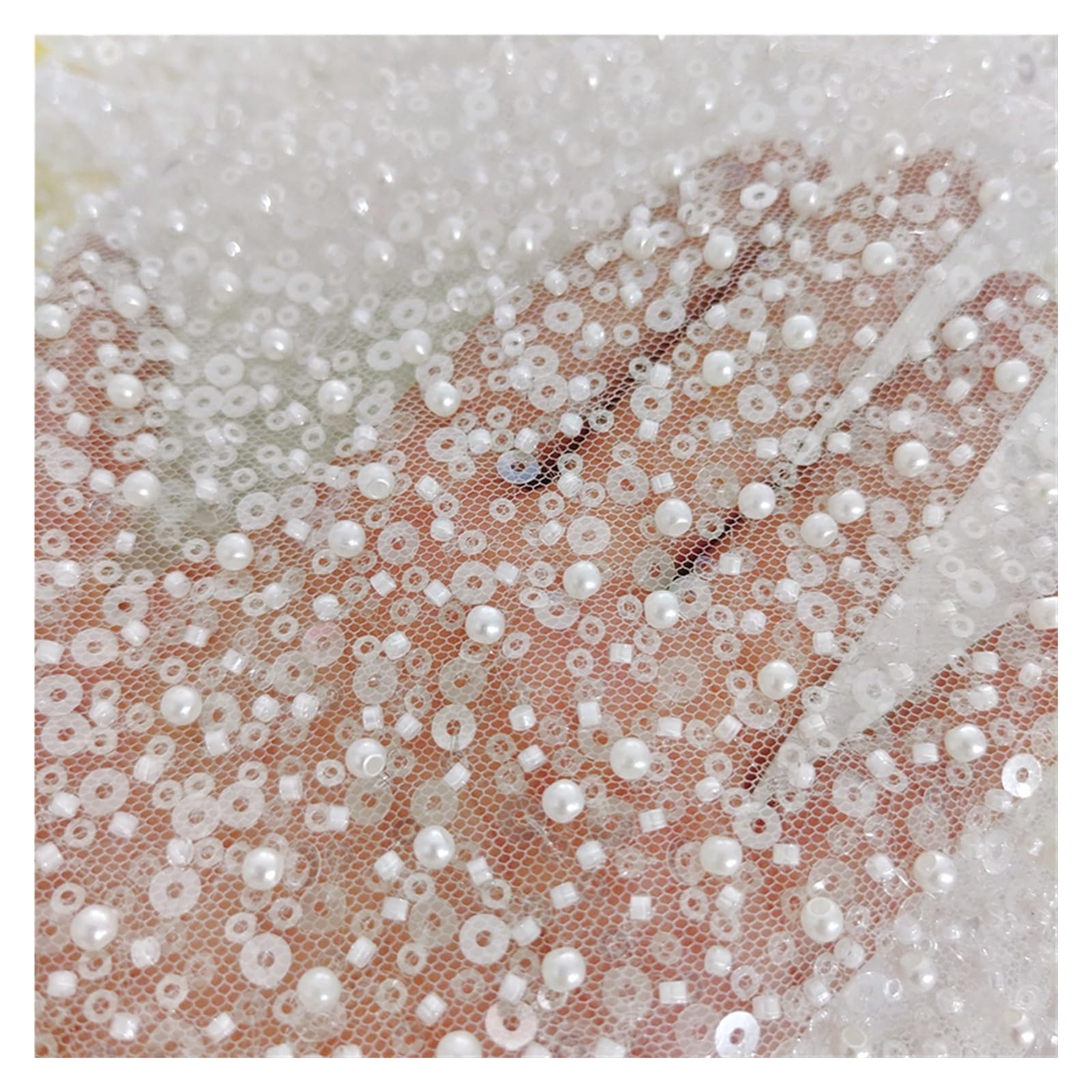 Amazon | ホワイト 高級 絶妙 パール スパンコール ビーズ レース 生地